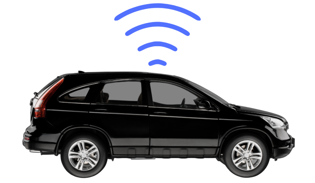 A car that has a telematics system. "Connection waves" are coming out of the top of the car.
