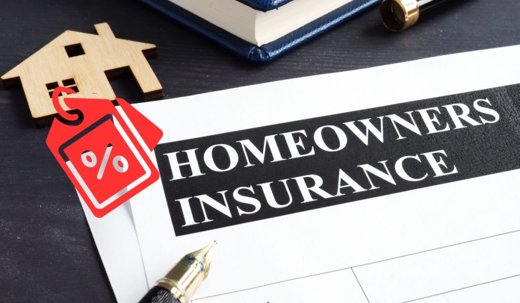 Homeowner insurance paper, with a wooden house cut out next to it. Attached to the house is a discount mark.