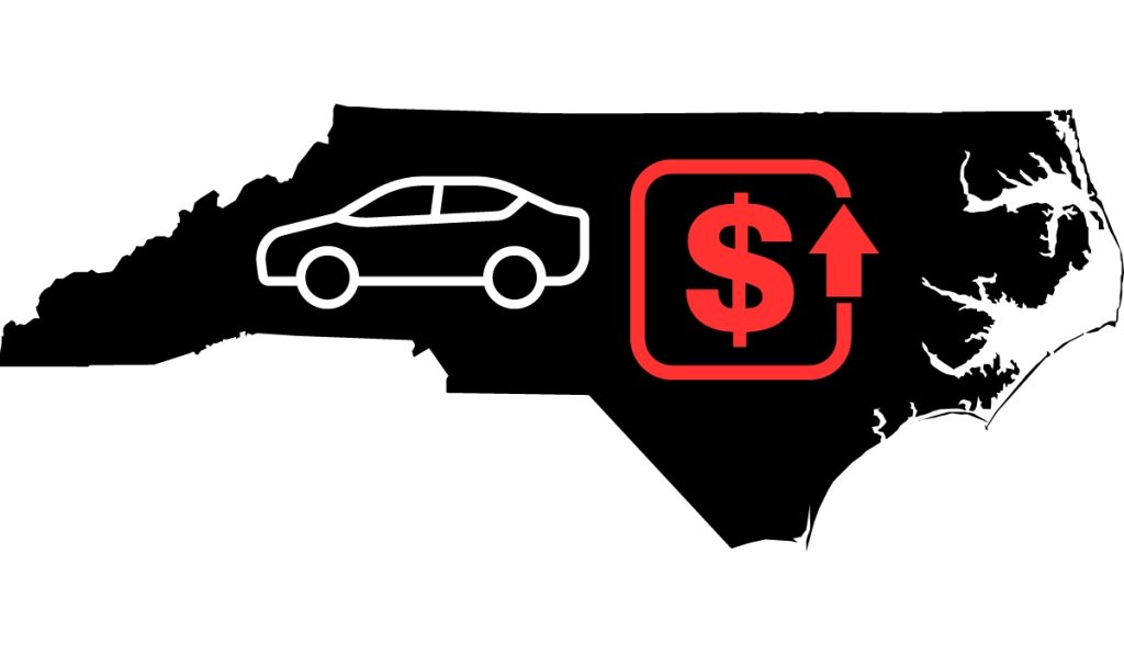 Outline of North Carolina with an outline of a car, and a "price raise" symbol on the NC outline