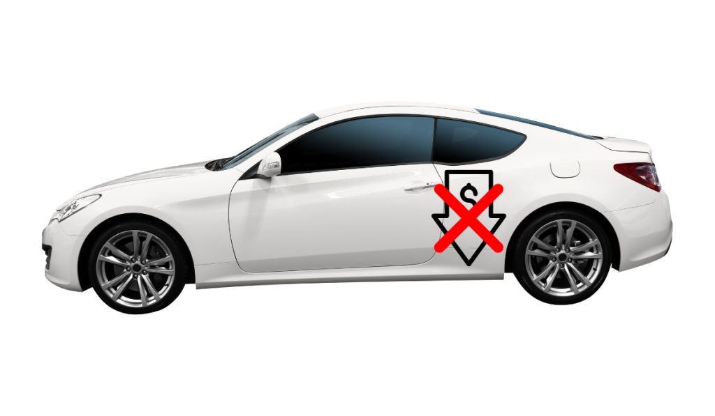Car with an illustration of low cost crossed out on the side of it